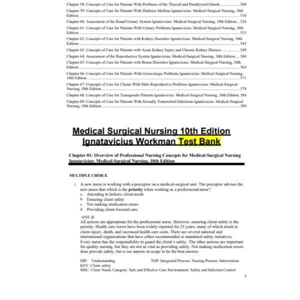 Study aid for Med-Surg Nursing 10th Ed—includes test questions, answers, and rationales.